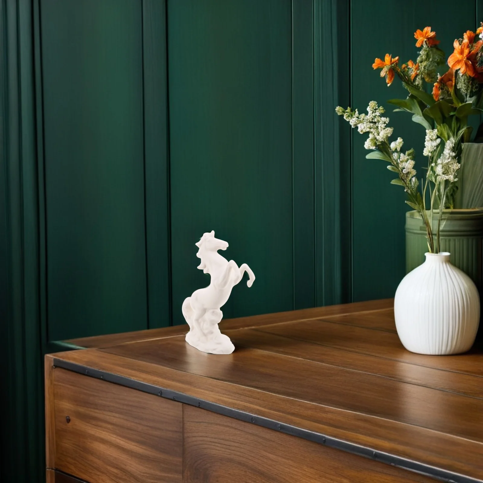 

White Ceramic Horse Statue Standing Fighting Sculpture Tabletop Decor Ornaments Cowgirl Equestrian Fengshui Wealth Attract