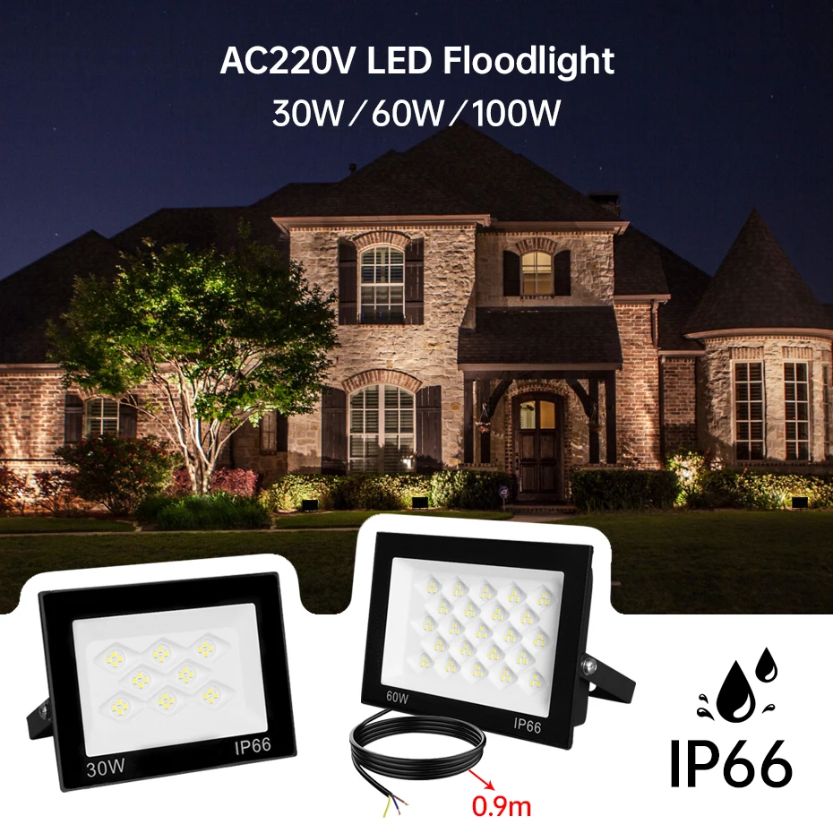 

Новейший светодиодный прожектор 100 Вт, 60 Вт, 30 Вт, 220 В, холодный белый свет, IP66, водонепроницаемый, для наружного освещения сада и улицы