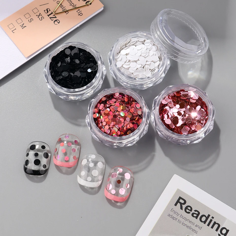 4 cores preto branco bolinhas arte do prego lantejoulas doce rosa circular encantos para unhas brilhantes lantejoulas diy manicure decoração