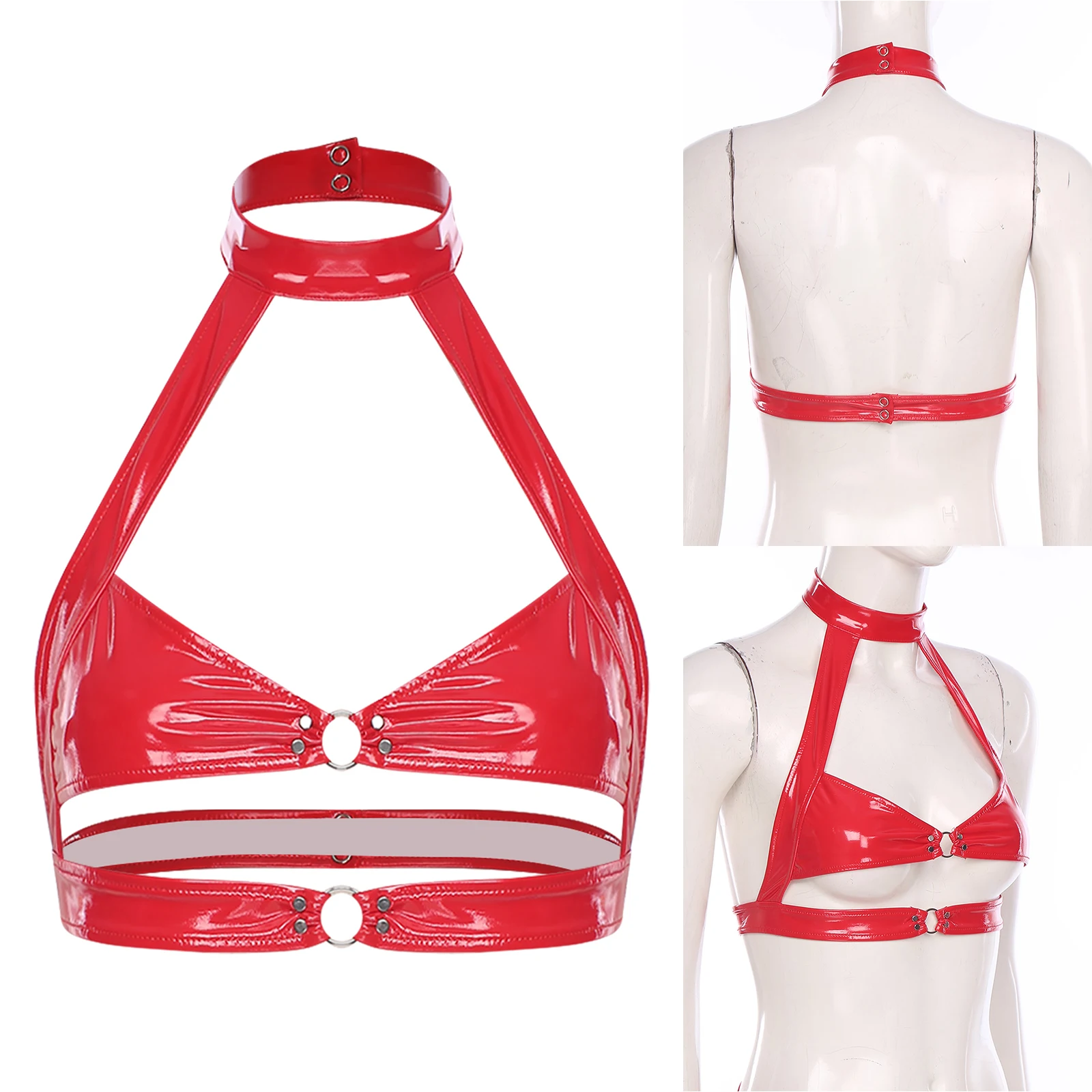 

Womens Sissy Wet Look Chest Harness Bra Halter No-pad Bra Hollow Out Crop Tops Lingerie Dating Night Anniversary Underwear