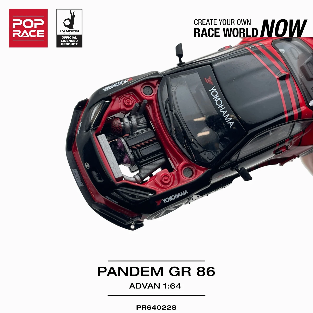 In Stock Ready To Ship Pop Race PR640228 1:64 Pandem Toyota GR86 Advan Black Red Widebody Open Hood JDM Diecast Model Car view 3