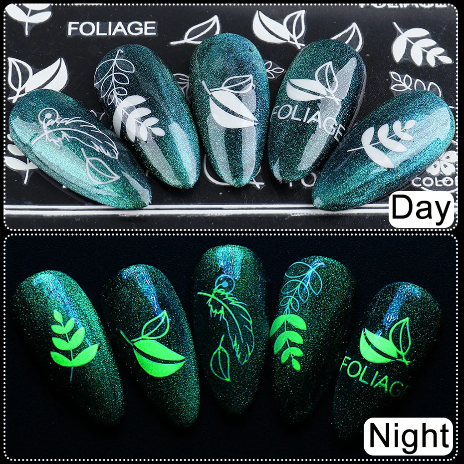 Luminous Effect Butterfly Leaf Flower Dragonfly Nail Sticker Glow in the Dark Glitter Decal 3D Green White Slider SACY001-009