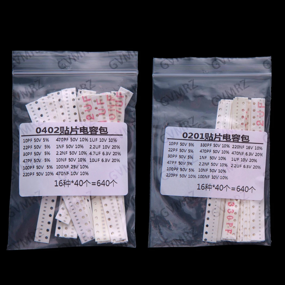 16Value Each 40PCS 0201 0402 capacitor smd kit 1pf 1uf 10uf   100NF 2.2UF 220PF 47PF 0201 0402