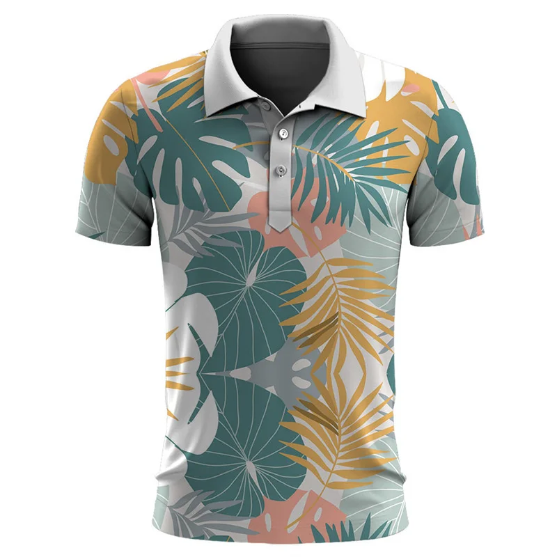 Camisa polo masculina de plantas havaianas, impressão 3D, folhas, flor, manga curta, camisas polo de golfe, tops de rua extragrandes, verão