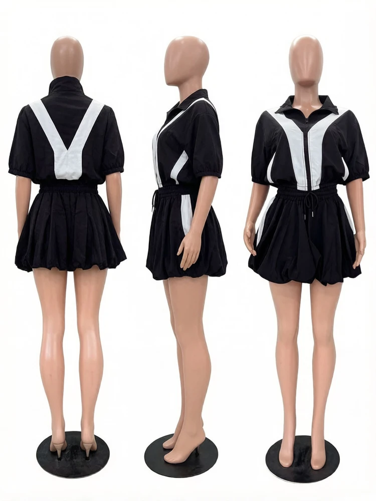 JENYAGE Damen 2-teiliges Outfit, Farbblock-Oberteil mit halbem Reißverschluss und Bubble-Minirock-Set, Kordelzug in der Taille, lässiger afrikanischer Streetwear-Anzug – Detail 12