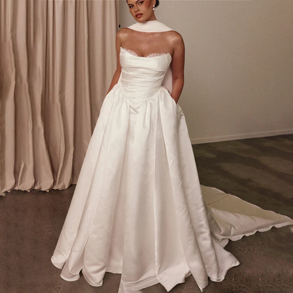 

Elegant Wedding Dress for Bride Pleated A-Line Bride Gowns Vestido de Novia Strapless Wedding Gown Court Train Bridal Dresses