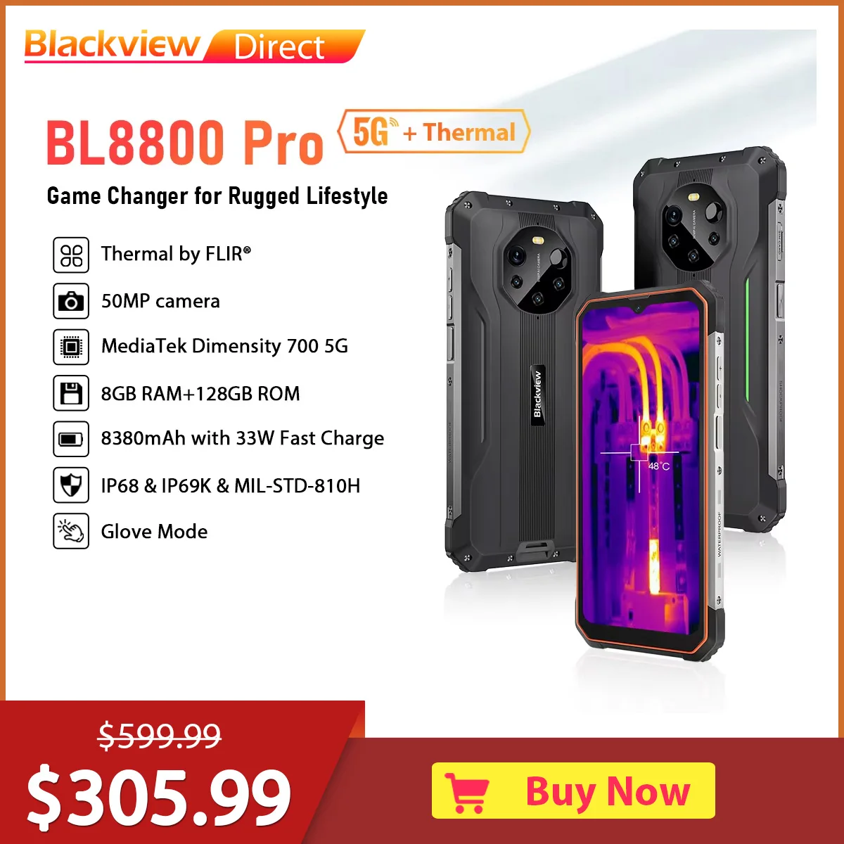 Прочный мобильный телефон Blackview BL8800 Pro Thermal Imaging 5G, смартфон с дисплеем 6,58 дюйма, мобильный телефон 8 ГБ + 128 ГБ, 8380 мАч