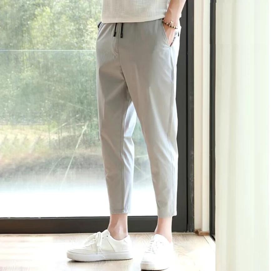 

Мужские повседневные брюки из ледяного шелка, тонкие, дышащие, летние, облегающие, укороченные (до щиколотки), в стиле Harlan West, удобные, легкие, модные