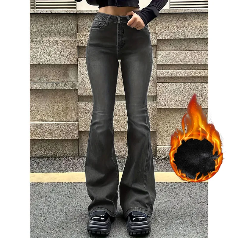 여성 하이 웨이스트 플러시 플레어 청바지, 여성 하이 스트리트 고스 두꺼운 벨 바텀 팬츠, 여아 패션, 블랙 그레이 Y2k 데님 바지