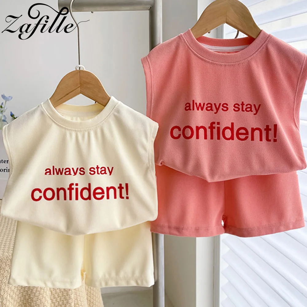 ZAFILLE Sleeveless Children's Sports Suits Set Summer Clothes For Girls Baby Tracksuits Korean Style Kids Boys Clothing Outwears