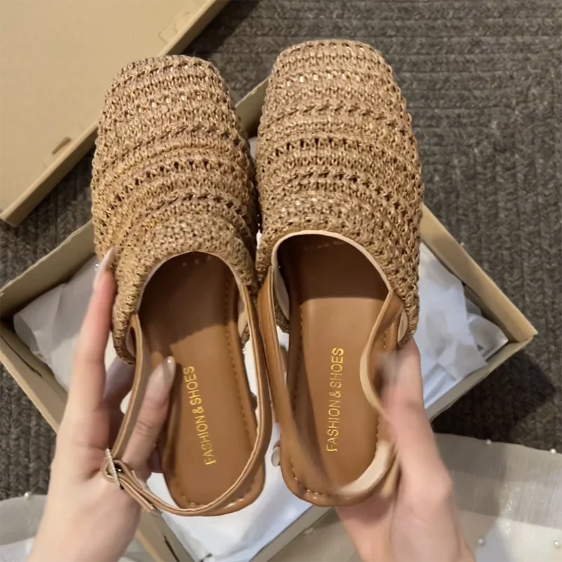 

Новые летние женские сандалии-гладиаторы 2026 года с закрытым носком, плетеные, на плоской подошве, с ремешком на пятке, для вечеринок, туфли-мюли, Zapatos Mujer