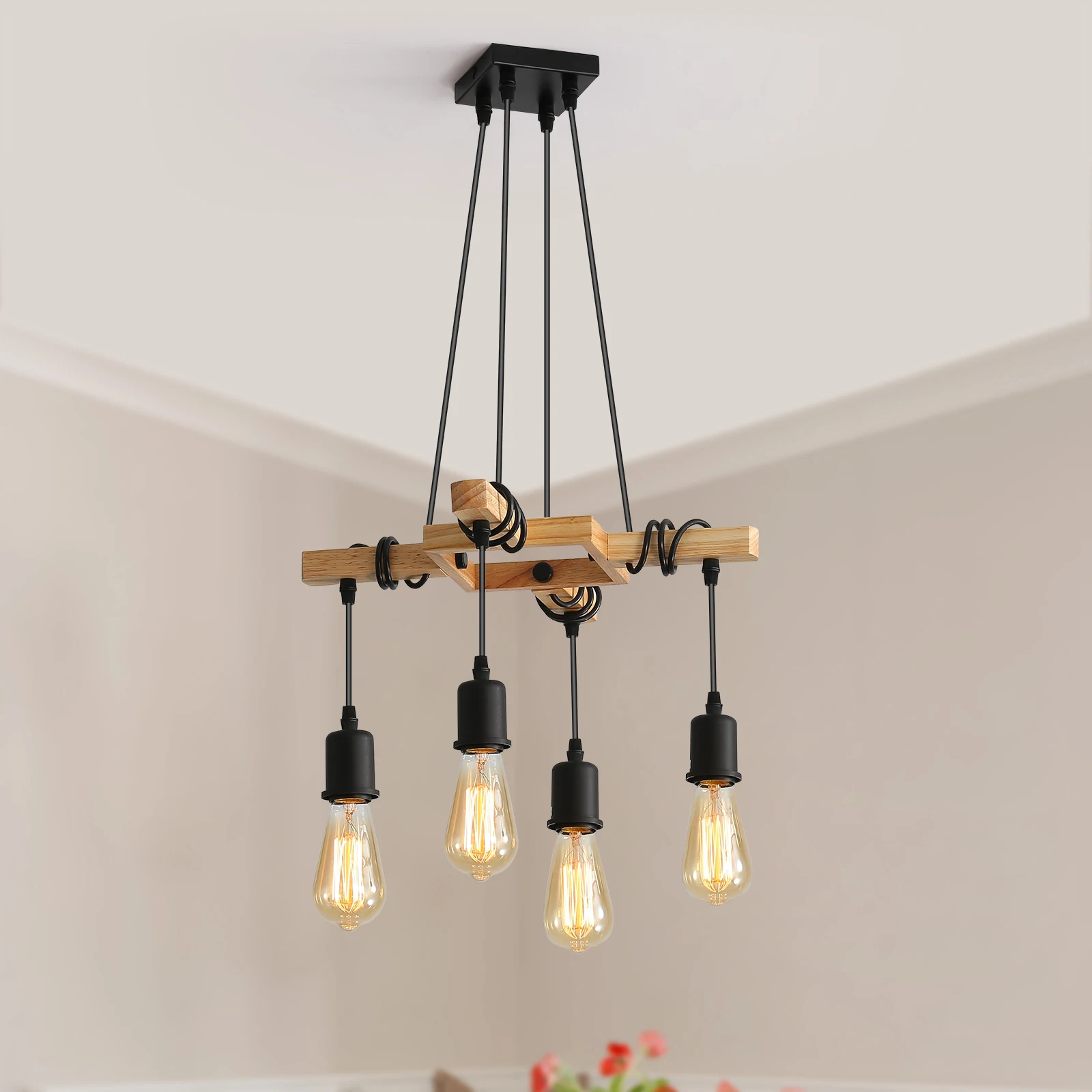 Industriestil Pendelleuchte, Holz-Pendelleuchte, E27-Lampenfassung, Retro Schwarze Deckenleuchte, 4 Glühbirnen nicht enthalten