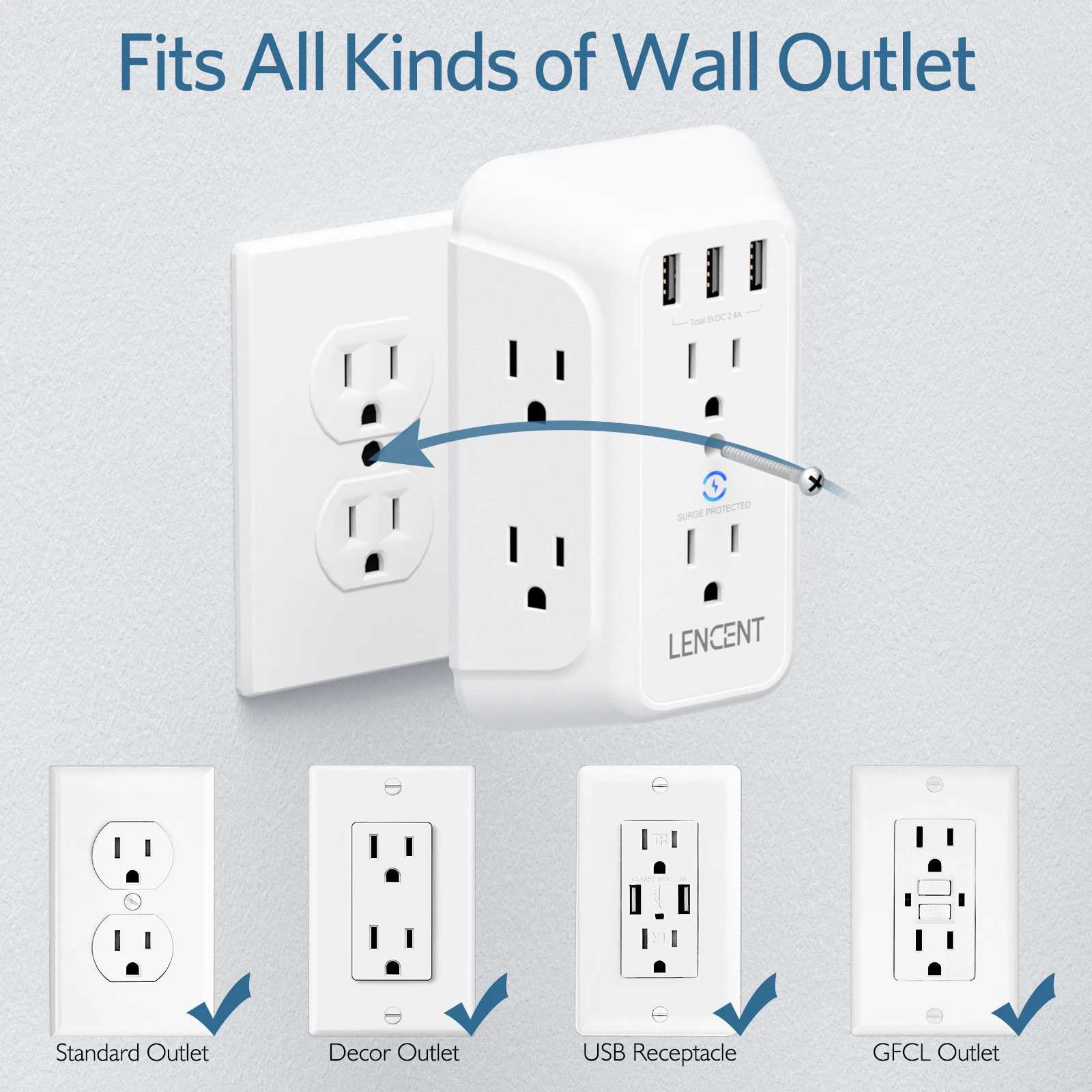 LENCENT Multi Plug Outlet Extender with 6 Outlets 3 USB Wall Charger  3 Prong Plug Power Charging Box Expander for Home Office