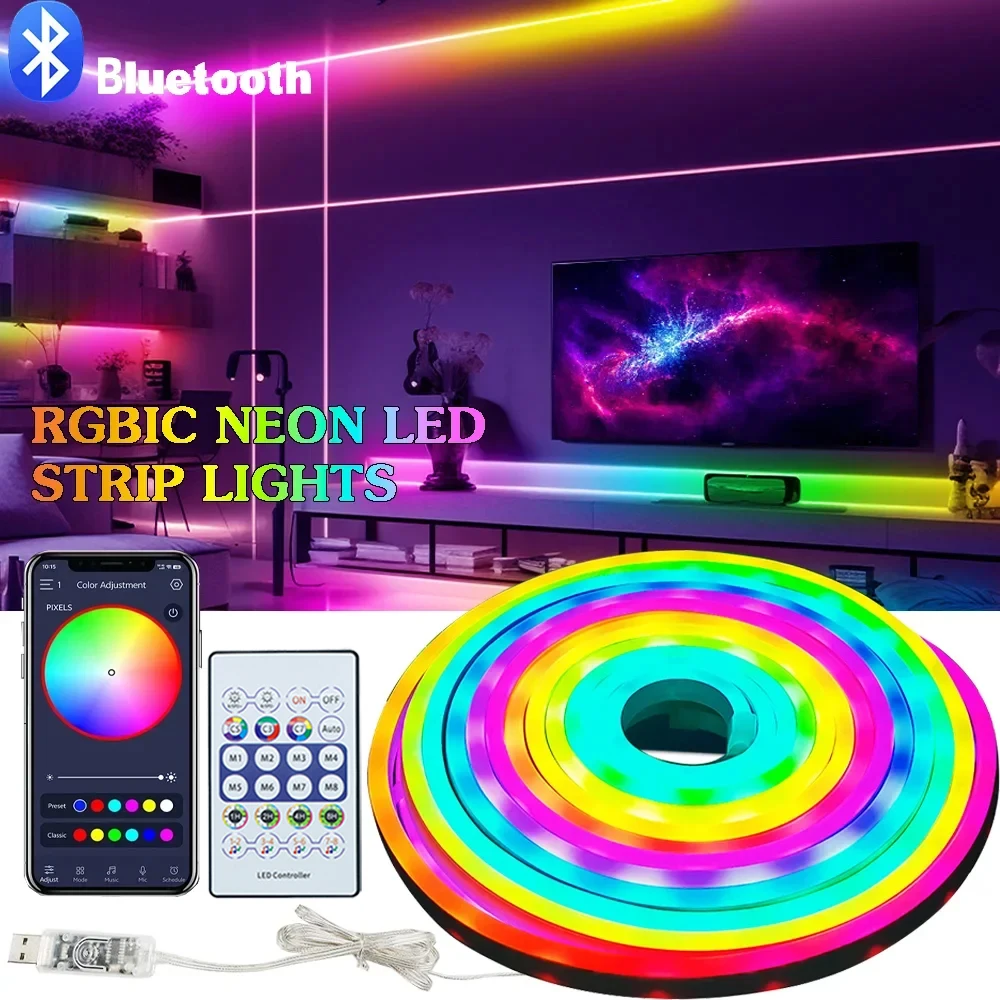 

5V USB RGBIC Neon LED Strip 1M 2M 3M 4M 5M RGB Neon Tape With Bluetooth App and Remote Control For Sign Neon Decoration Lighting