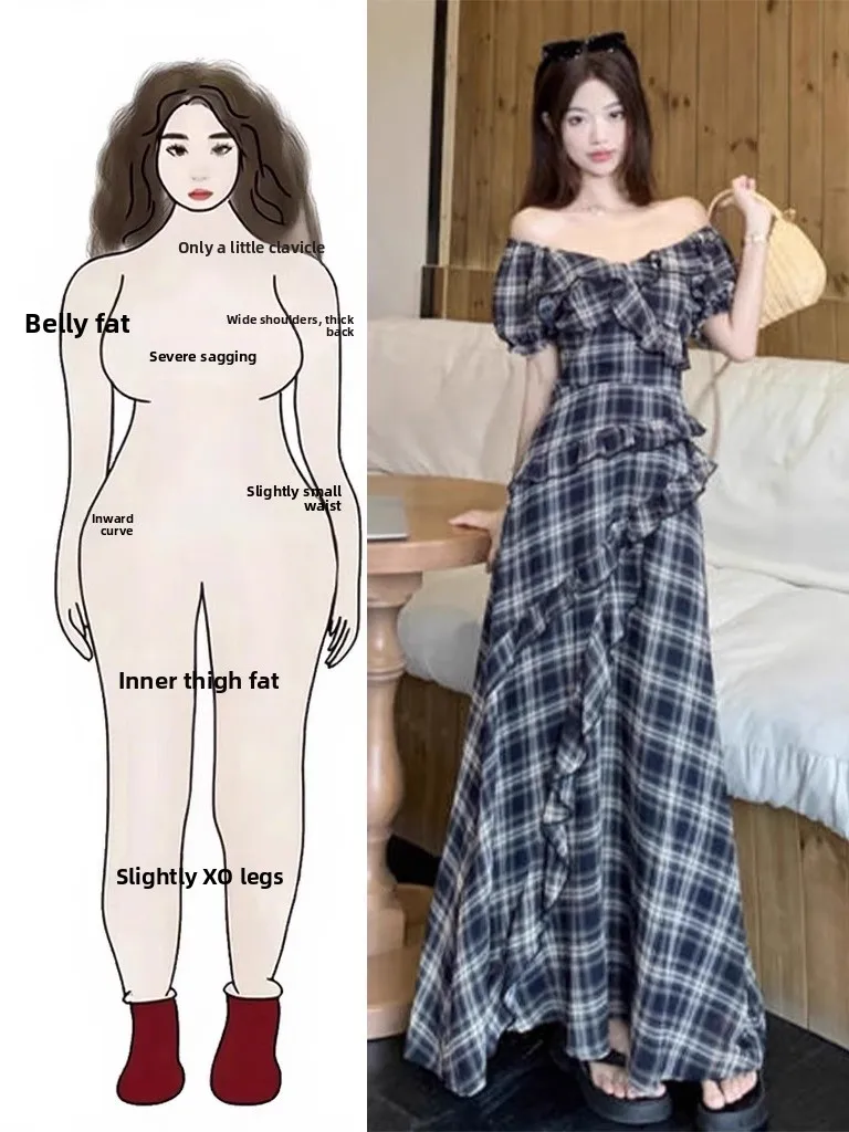 

Летнее клетчатое платье на одно плечо, женское длинное платье больших размеров с утягивающей талией, винтажное платье Sle Ciwalk Travel Date Dr