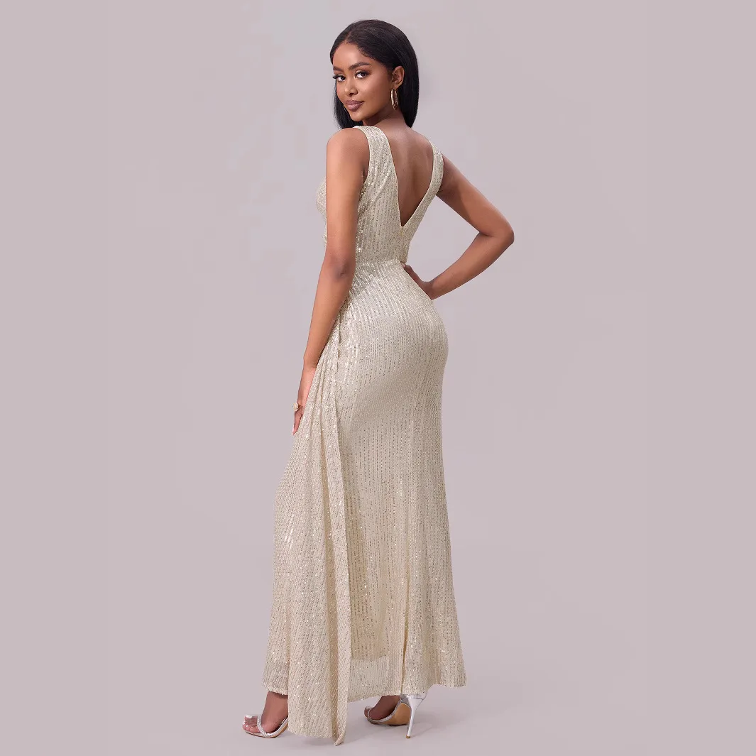 Vestido camisola de lantejoulas para mulheres, novo estilo para anfitriões, atmosfera de banquete, festa de dança, vestido de noite, festa feminina de estilo longo