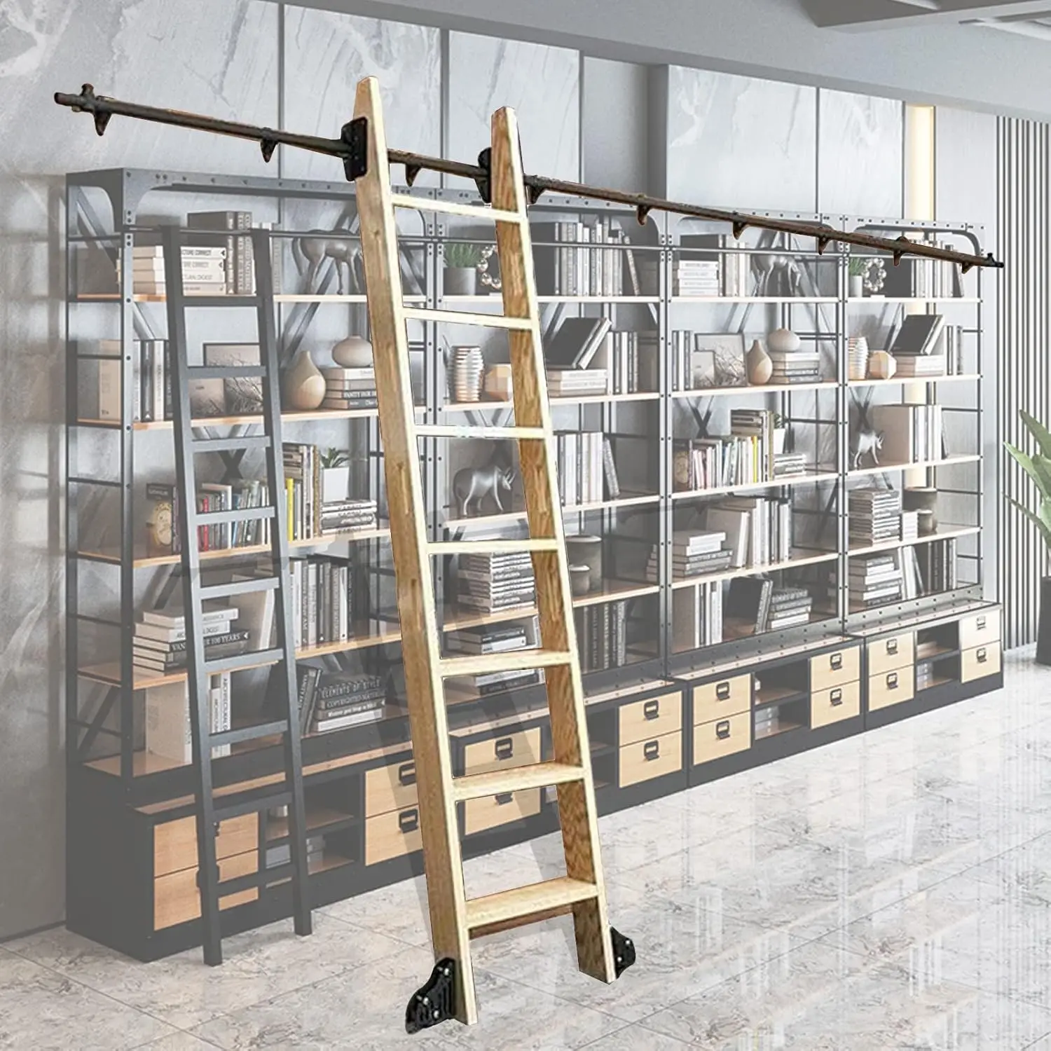 Library Rolling Ladder Track Hardware - Sliding Barn Door Rail Kit, Round Tube Mobile Ladder Track Full Set Hardware (No