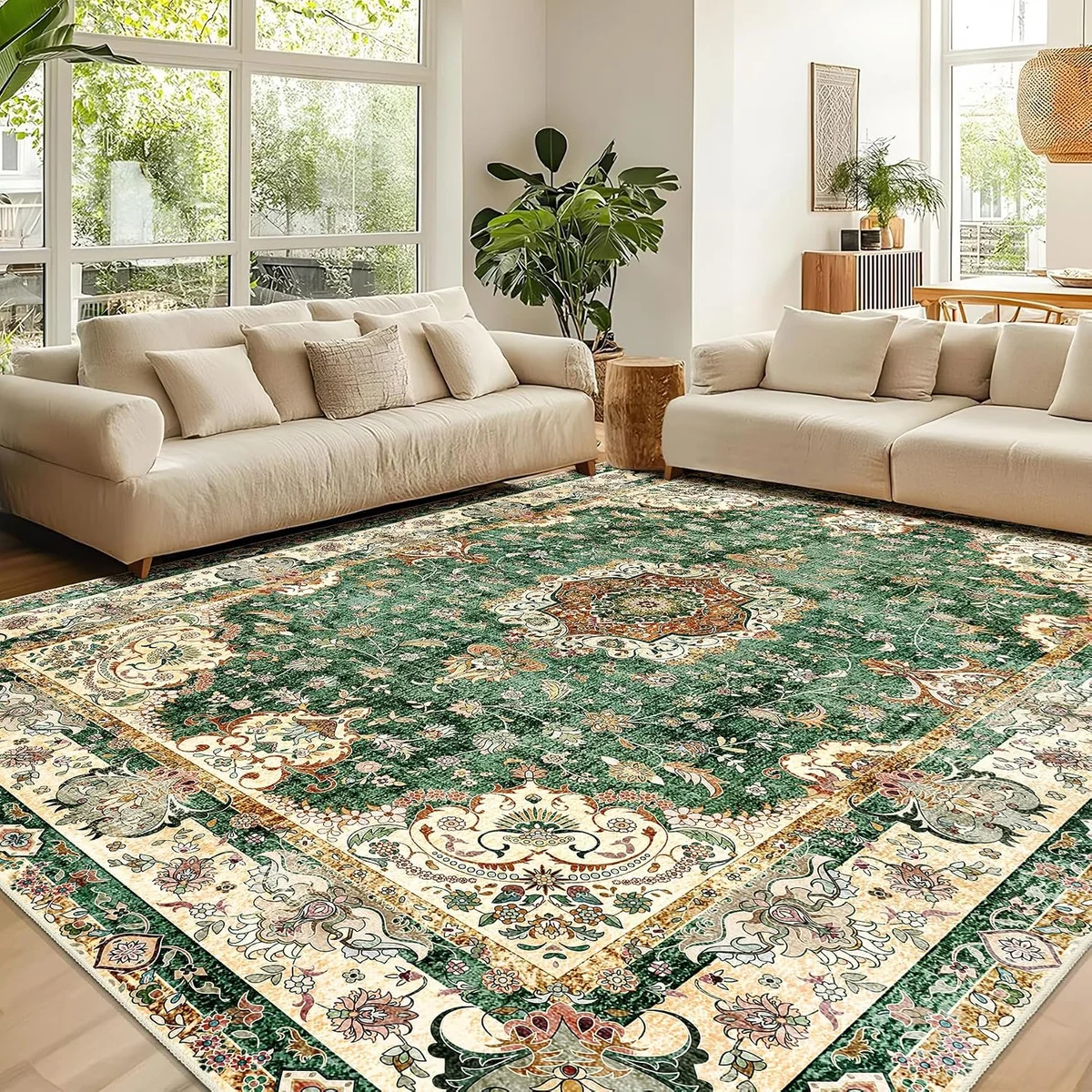 Extra Large 9x12 Sage Green Vintage Boho Washable Area Rug Non Slip Distressed Oriental Indoor Carpet for Living Room Bedroom