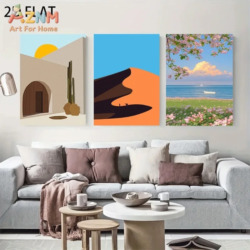 Desert Architecture Ocean Floral Scenery Canvas Wall Art 3pcs Minimalist Sun Dune Seaside Flower Unframed Canvas Print For Livin