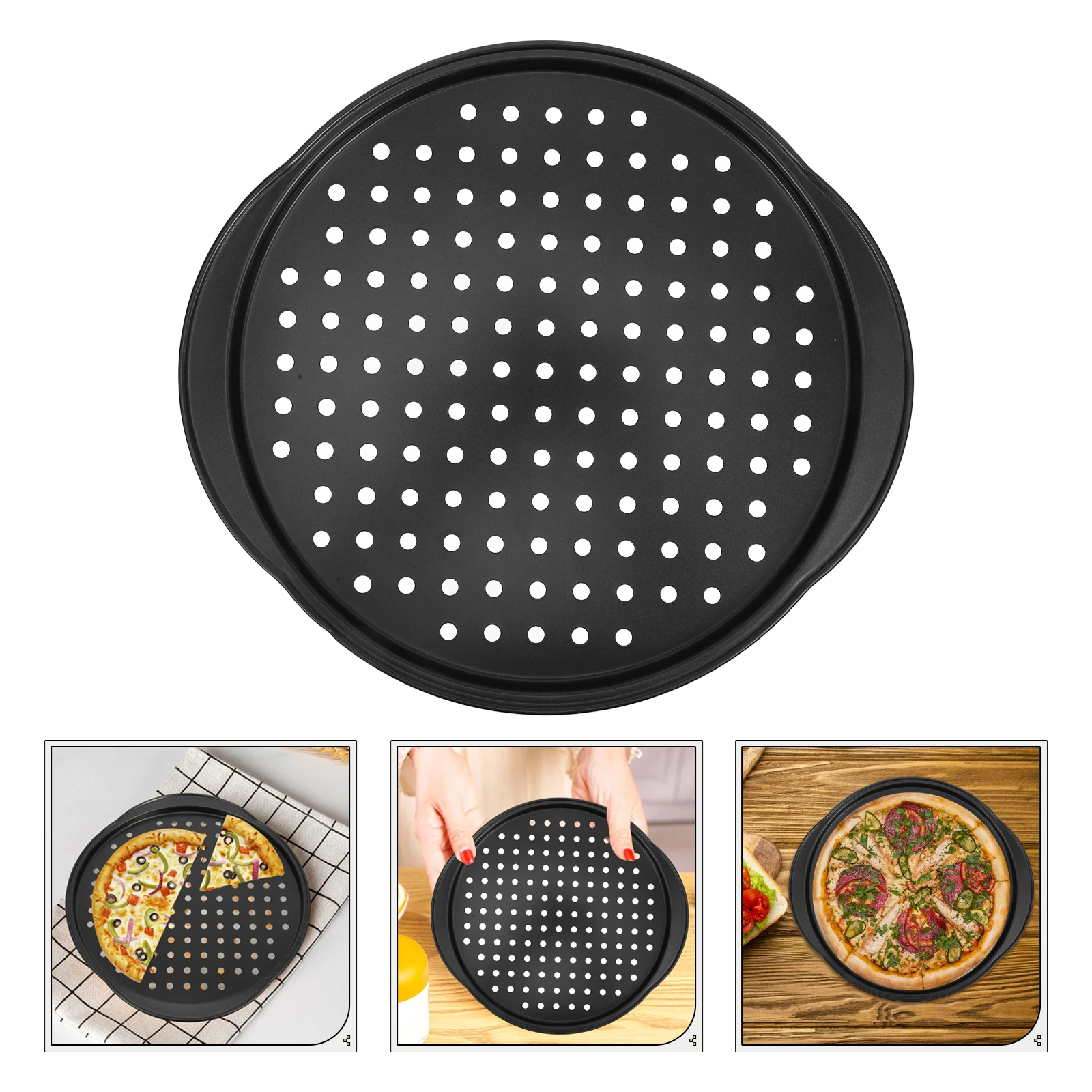 

Thickened Non-Stick Metal Baking Pan Pizza Tray With Handle For Oven Cake Diy Perforated Bakery Plate Kitchen Pizza Pan