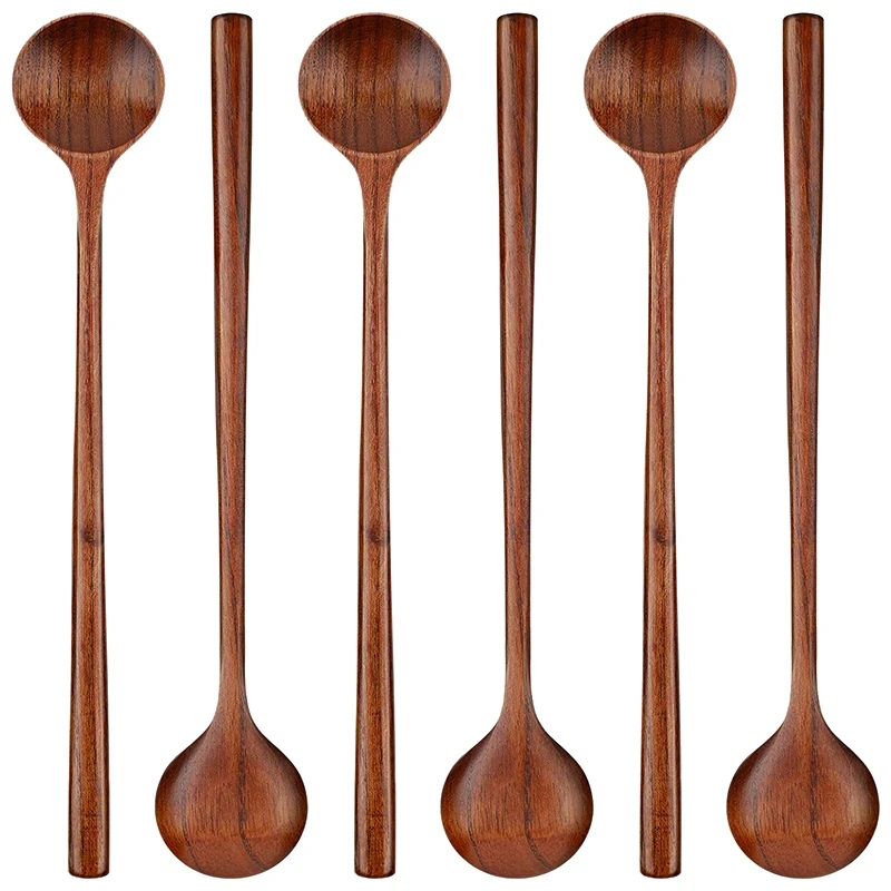 6 Pieces Wooden Long Spoons Long Handle Round Spoons Korean Style Soup Spoons For Soup Cooking Mixing Stirring Kitchen