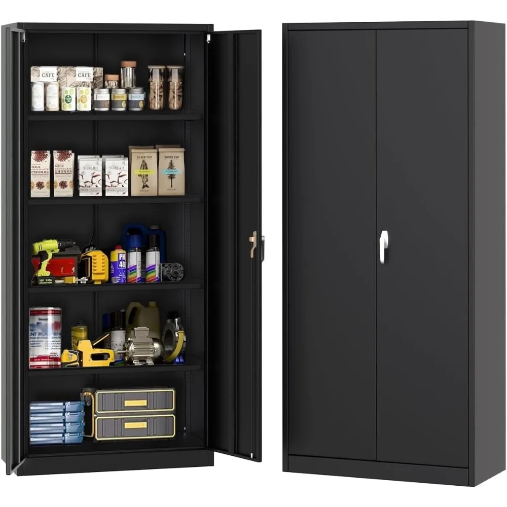 Metal Storage Cabinet With Lock 71-Inch Heavy-Duty 4 Adjustable Shelves Leveling Feet or Wheels Steel Pantry Organizer for Garage Office Kitchen Home