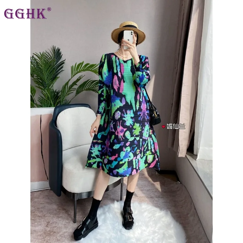 

GGHK женское праздничное платье 2026 летнее новое поступление модное платье с принтом круглый вырез с длинным рукавом свободного покроя плюс размер дизайн Miyake платье