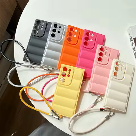 Down Jacket Style Wrist Strap Case For Samsung S25 Ultra S24 S23 S21 S20 FE S22 Plus + Note 20 A56 A55 A35 A26 A15 5G A06 A05S