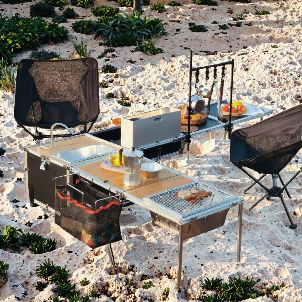 Camping Multi-purpose Durable Aluminum 40L Outdoor Furniture Kitchen Equipped with Clamshell Storage Box Panel Design