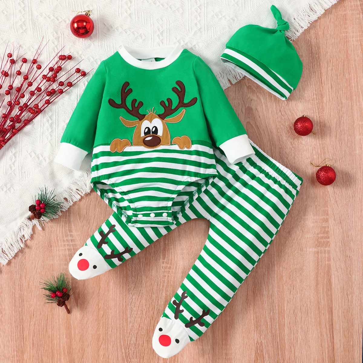 New Baby Christmas Clothes Baby Clothes Set 3 Pcs Sets Cartoon Deer Striped Romper Tops+trousers+hat Cotton Baby Clothing 0-18M