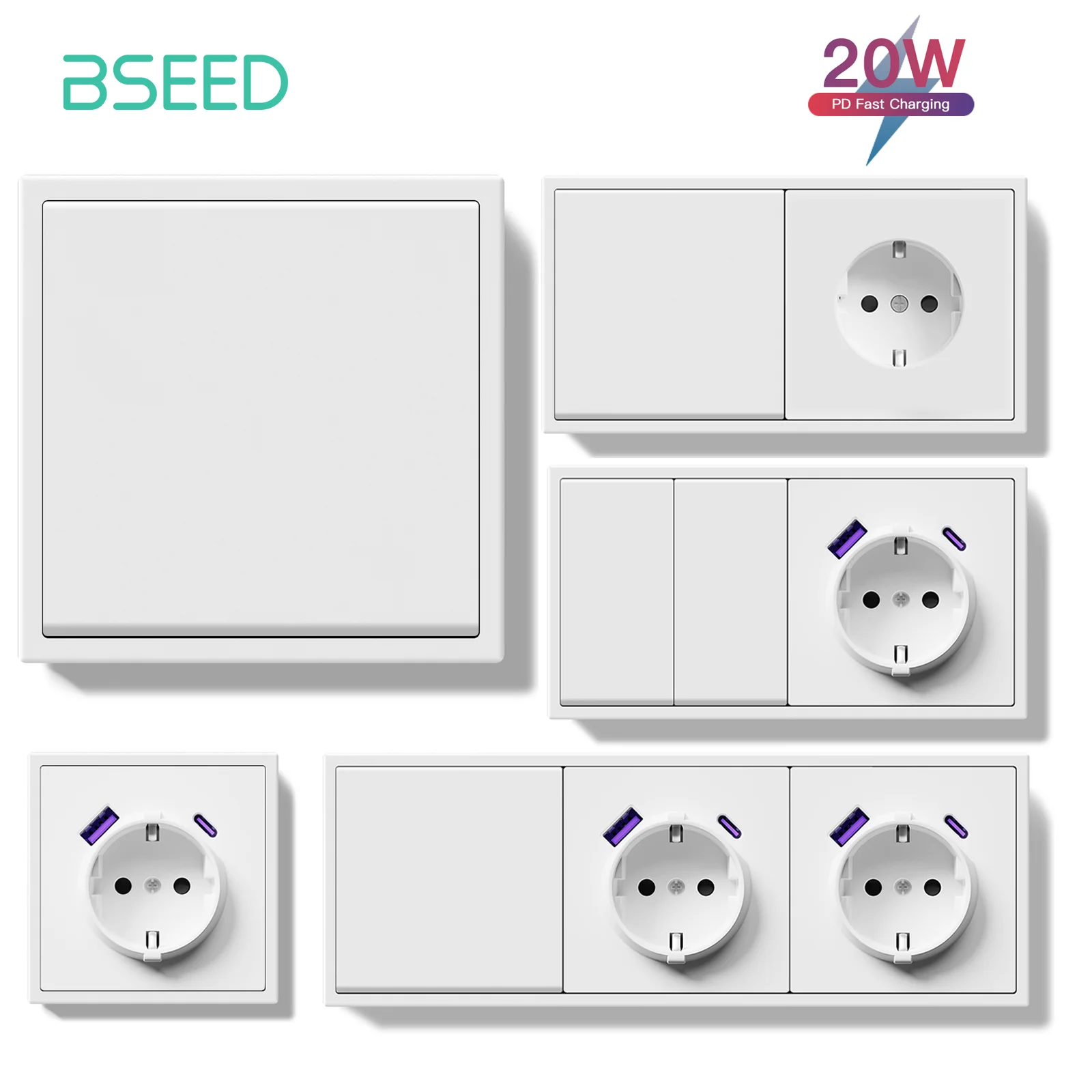 BSEED  Mechanical 1/2Gang Wall Light Switch 1Way Plus EU Socket With 20W Fast Charging Type-c USB Ports White No LED Light