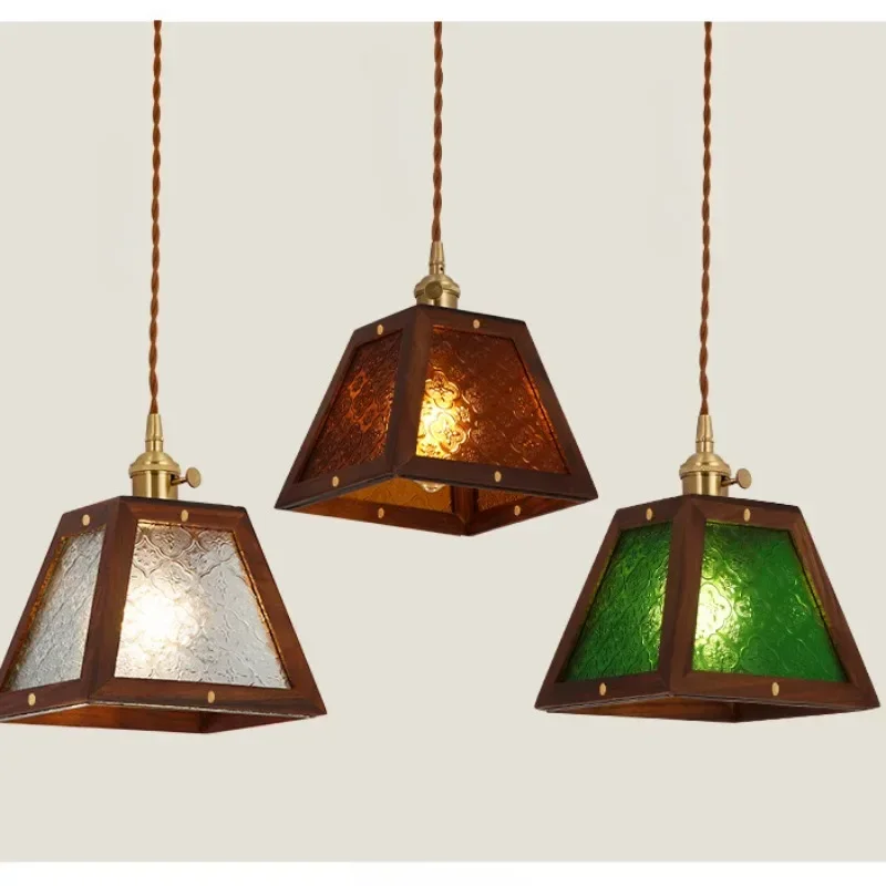 

Old Shanghai Colorful Pattern Haitang Glass Solid Wood Walnut Vintage Pendant Light Bedside Bedroom Bar Table Restaurant Lamp