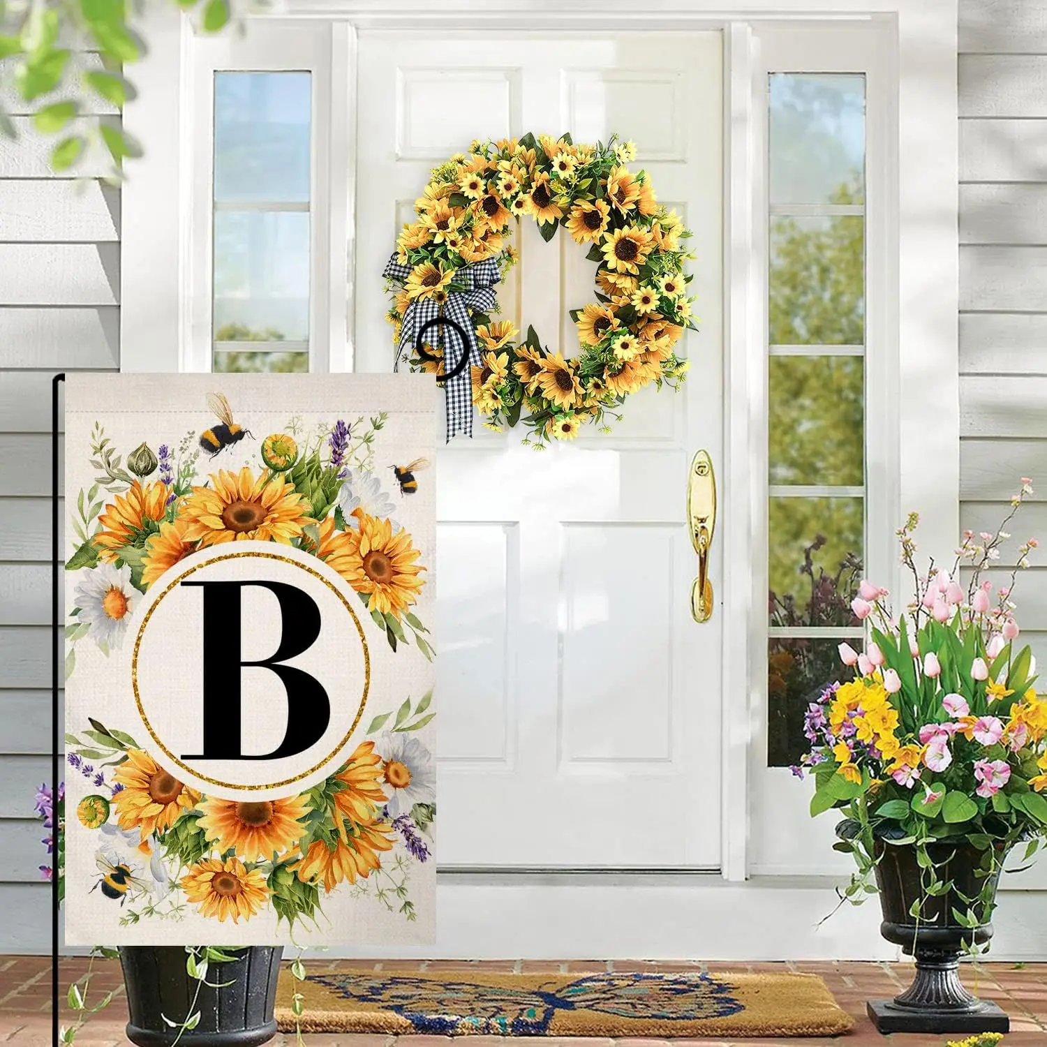 Monogram Letter B Garden Flag Summer Sunflower 12x18 Vertical Double Sided Spring Floral Bee Outside Decorations Small Burlap Fa