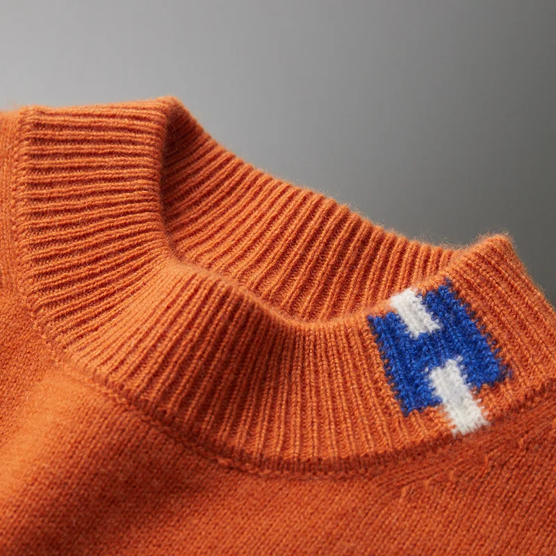 Autunno 100% lana merino maglione lavorato a maglia colletto semi-alto da uomo pullover jacquard abbinati ai colori camicia base allentata addensata moda