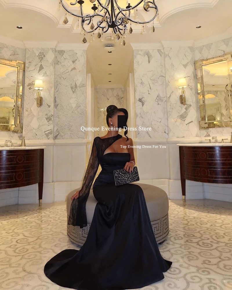 فساتين Qunque بكتف واحد وأكمام من الدانتيل للحفلات الراقصة باللون الأسود حورية البحر فساتين سهرة من Vestidos De Gala Festasin للمناسبات ا