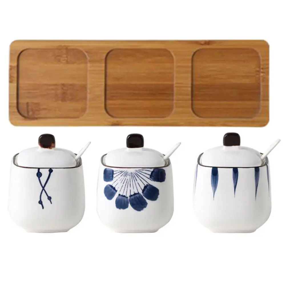 

1Set Ceramic Seasoning Jar Bamboo Lid Spoon Kitchen Spice Container Set Multipurpose Condiment Storage Jar for Home Bbq