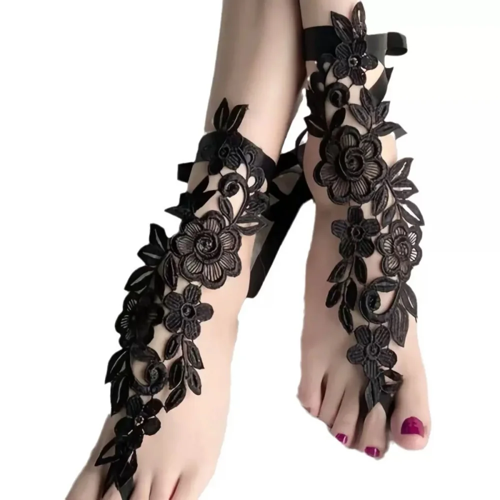 Gothic Black Lace Anklet Sexy Floral Foot Chain Dark Romantic Lace-up Ankle Bracelet Exotic Boho Party Beach Jewelry