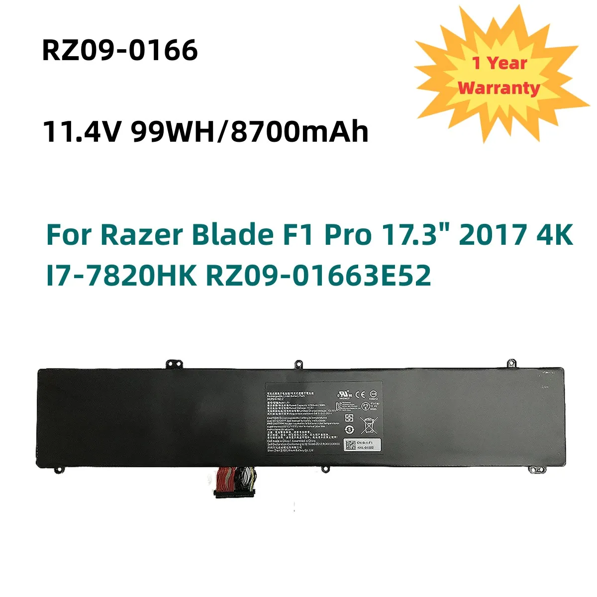 

RZ09-0166 11.4V 99Wh Laptop Battery for Razer Blade F1 Pro 17.3" 2017 4K I7-7820HK RZ09-01663E52