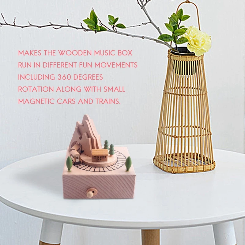 Wooden Musical Box Featuring Mountain Tunnel With Small Moving Magnetic Train Plays