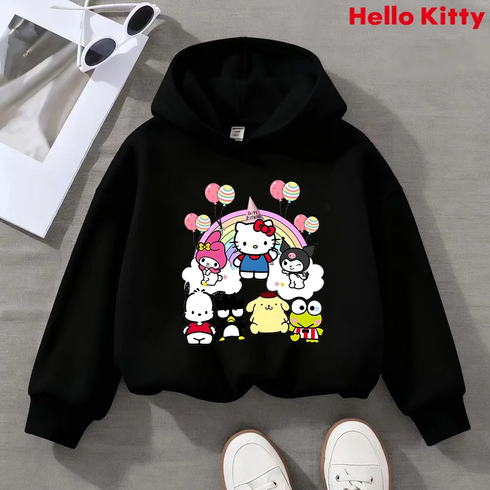 

Модная теплая толстовка Sanrio с капюшоном и принтом «Hello Kitty» с бантом для девочек, осенне-зимние повседневные универсальные теплые топы с длинными рукавами