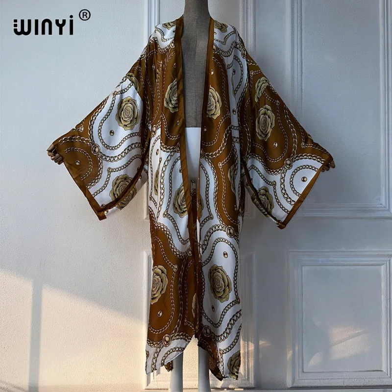 WINYI summer outfit kimono africa Flower print beach cover up maxi dress cardigans beach wear women 2024 abaya dubai luxury