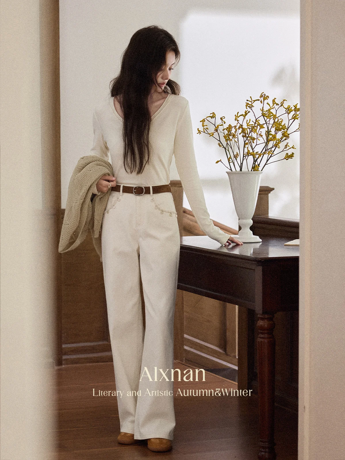 ALXNAN Women Pants Loose Wide Leg Straight Trousers Cotton 100% Casual Elegant Beige High Waist Comfy Chic Baggy Pants L56962