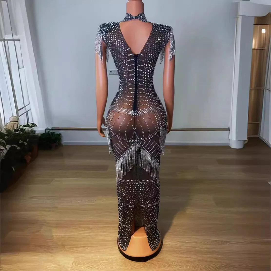 Summer Black Mesh Rhombus Rear Split Tassel Shiny Dress Party Ladies Vestidos Fiesta Vestidos Noche De Lujo Fiesta  Above Knee