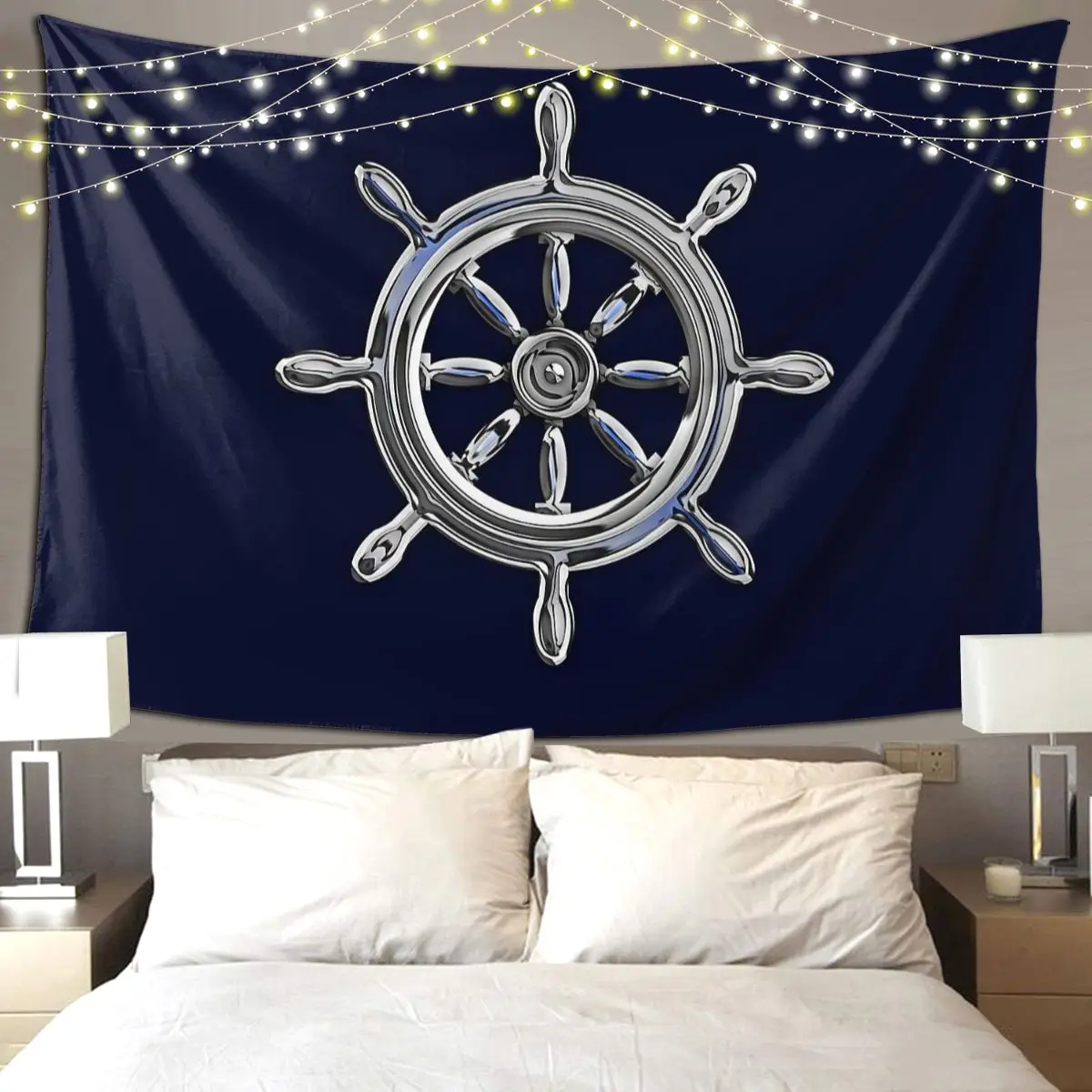 Chrome Style Nautical Wheel Applique Tapestry Art Wall Hanging Aesthetic Home Decoration Tapestries for Living Room Bedroom