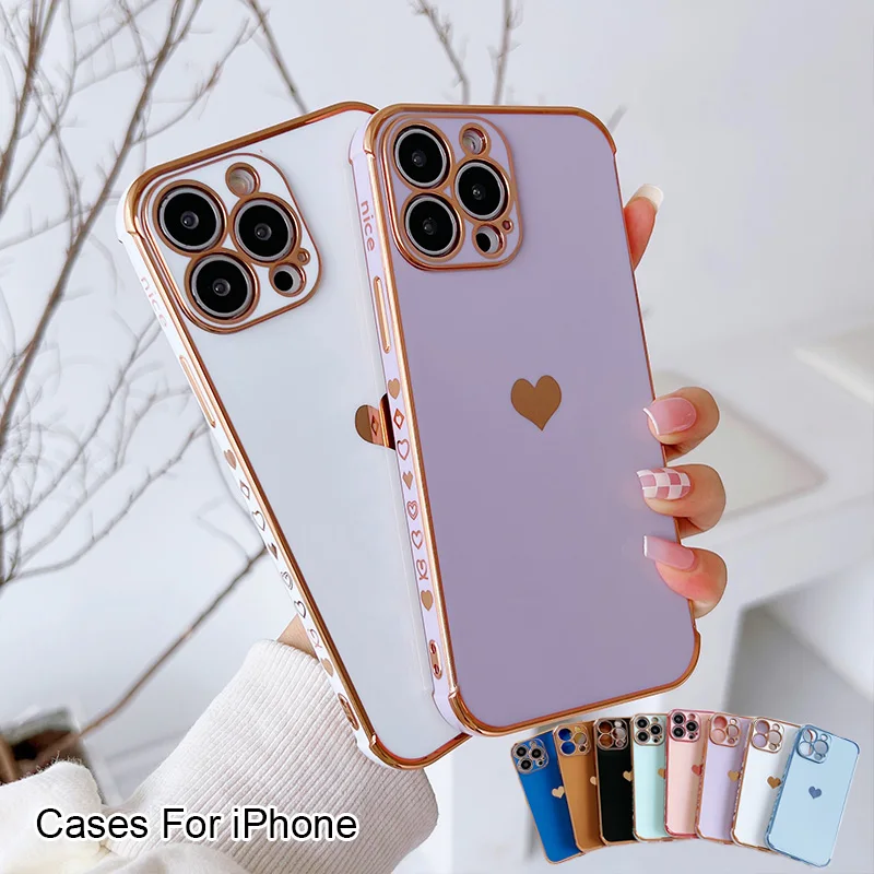 

Electroplating Side Love Heart Phone Case For IPhone 17 16 15 14 13 12 11 Pro Max XR 8 Plus SE2/SE3 Shockproof Back Cover
