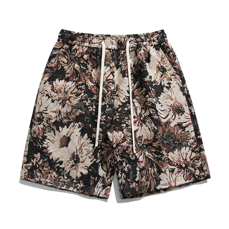 New Summer Men\'s Style Mid Waist Loose Elastic Tie Flowers Printing Casual Pants Classic Fashion Commuter All-match Shorts