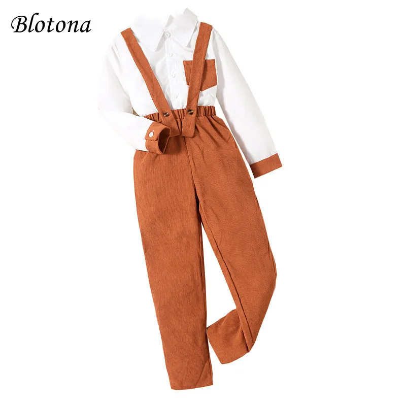 

Blotona Kids Boys 2-piece Outfit, Long Sleeve Button-down Shirt with Suspender Pants Graduation Outfit Church Clothes 8-14Years