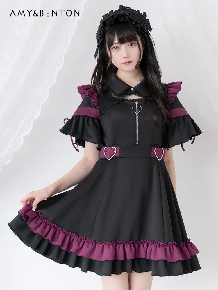 

Japanese Sweet Ruffled Mini Dress Cute Mine Mass-Produced Patchwork Slim A-line Dress Heavy Industry Temperament Lolita Dresses