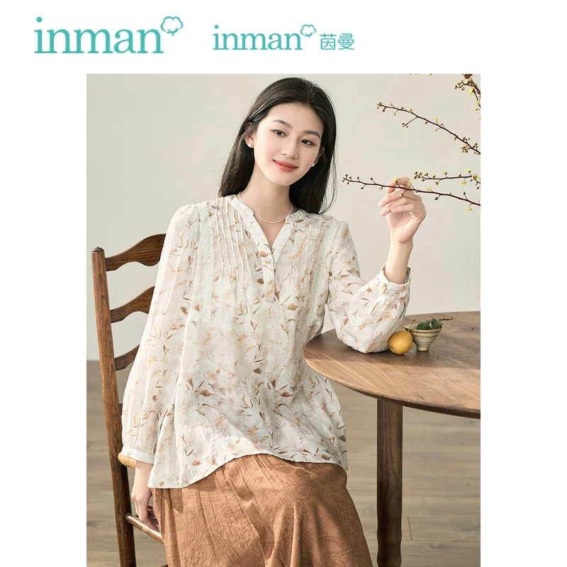 INMAN Women Blouse 2023 Autumn Long Sleeve V Neck Loose Artistic Printing Pleated Design Elegant A-shaped Tops