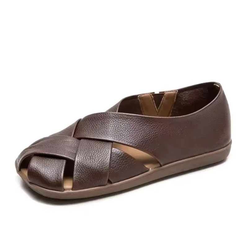 

2cm Weave Cow Genuine Leather Women Rubber Sandals Hollow Rubber Platform Wedge Slip on Breathable Shoes Comfy Flats Summer